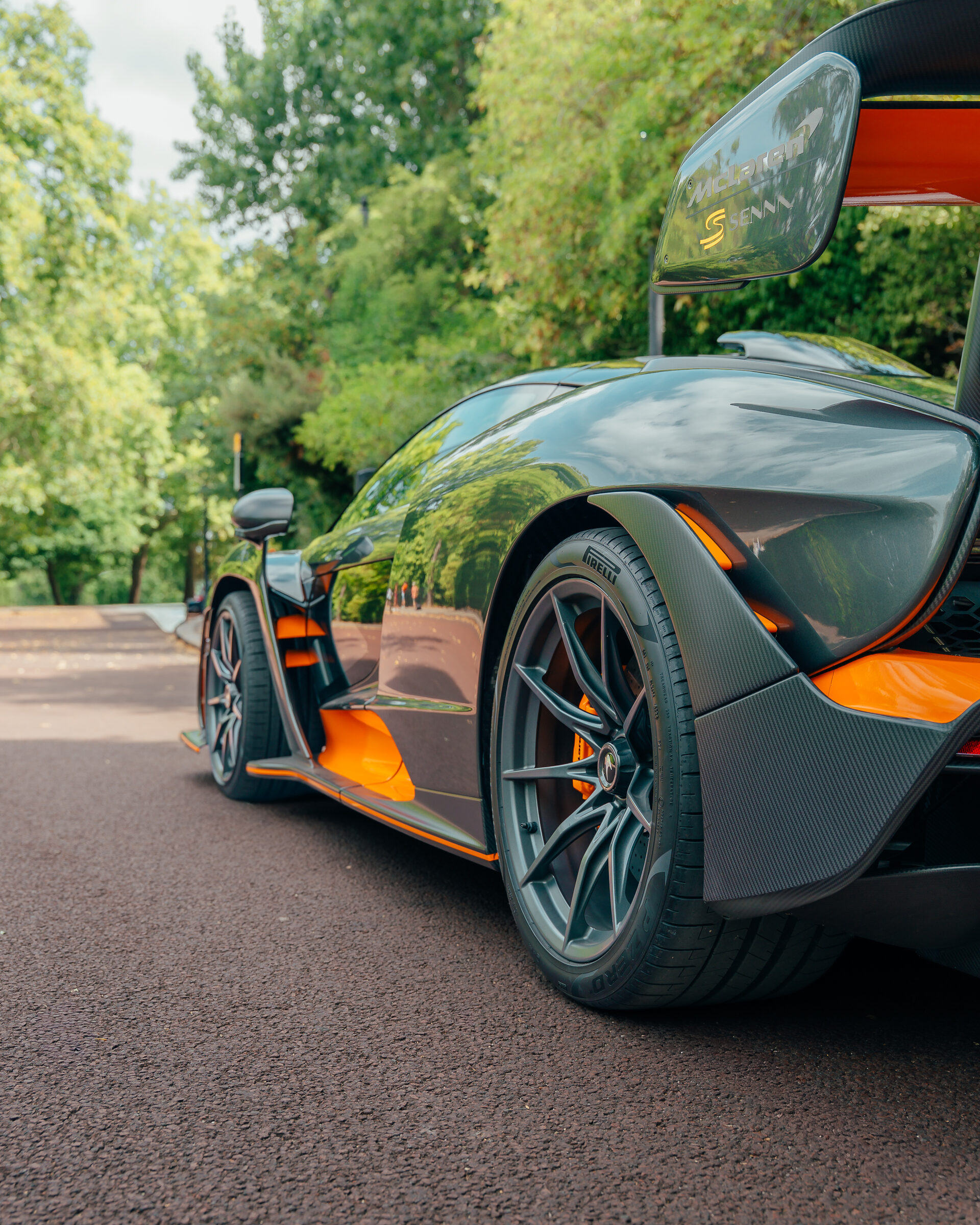 McLaren Senna rear three-quarter detail with orange accents